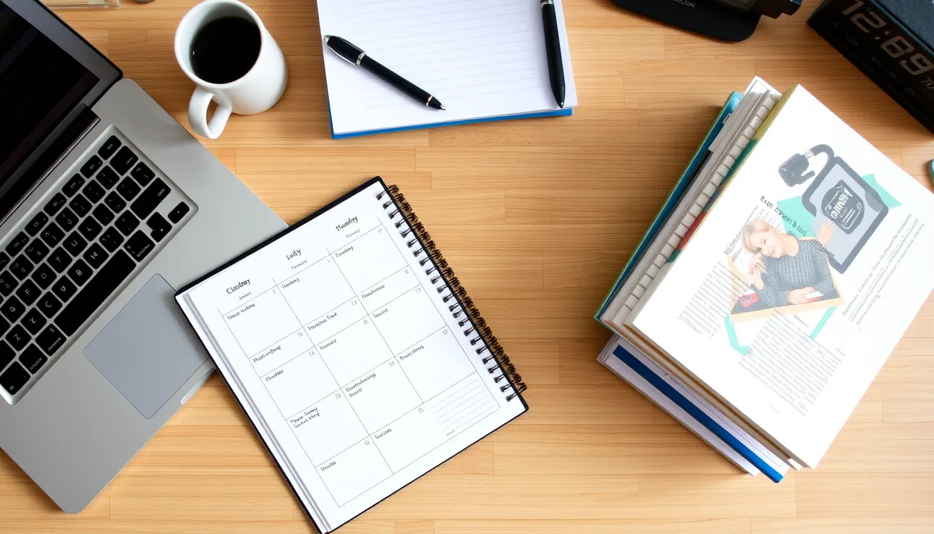 Desk with laptop, planner grid, textbooks, coffee mug, clock