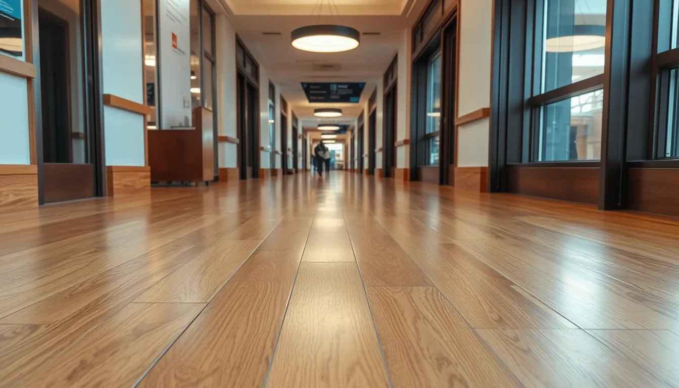 Polished hardwood floor in a busy hallway with subtle wear lines and soft overhead lighting.
