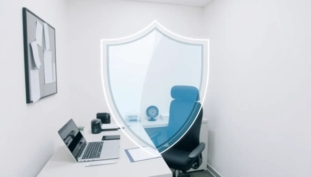 Small office desk with laptop, paperwork, and a translucent shield overlay.